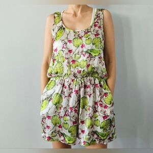 NWT Sinesia Karol 100% Silk Romper Birds Floral Pockets Gray Green Sz S